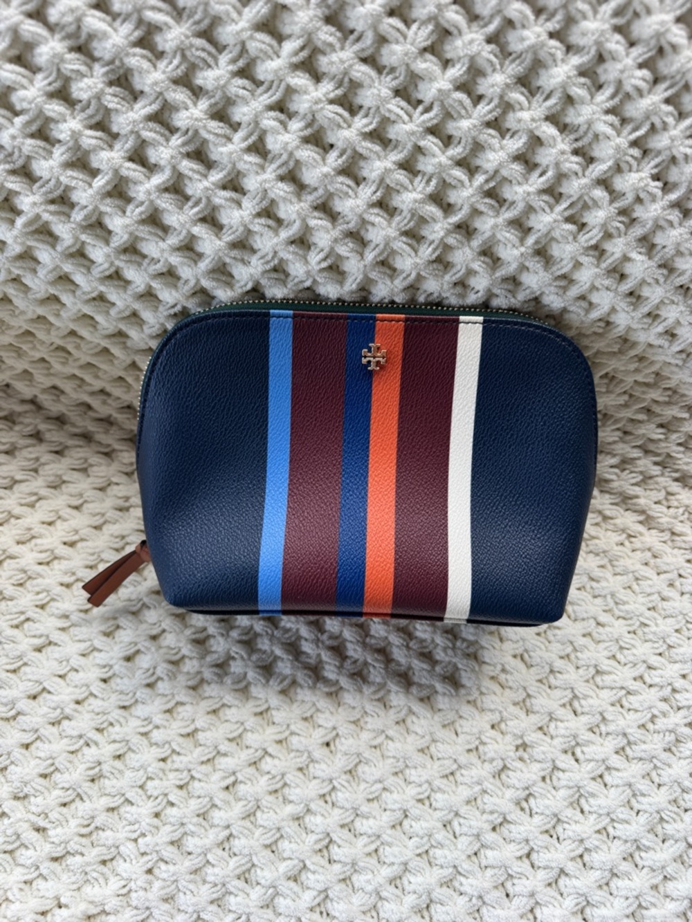 Tory Burch Navy Leather Stripe Zip Cosmetic Case